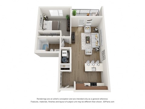 a stylized floor plan of a 1 bedroom floor plan